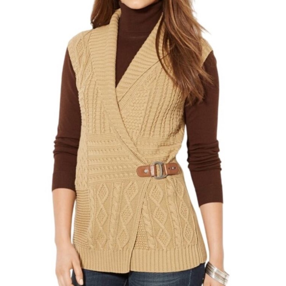 Lauren Ralph Lauren Tan Surplice Cable Knit Sweater Vest Buckle XXL - Picture 13 of 13
